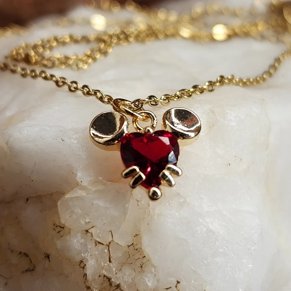Mickey Mouse Red Heart Swarovski Crystal Luxury 14K Gold Plated Chain